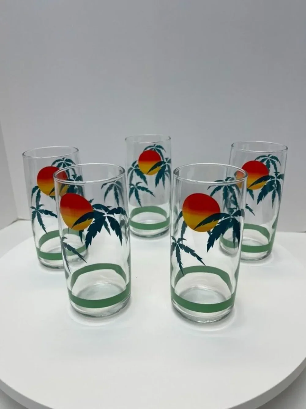 Vintage Tropical Palm Tree Sunset Tall Tumblers Set of 5 - Picture 1 of 6
